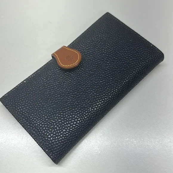 Mulberry Wallet Long Bifold Caviar Leather Navvy Blue Tan Leather Trim Vintage - Picture 1 of 11